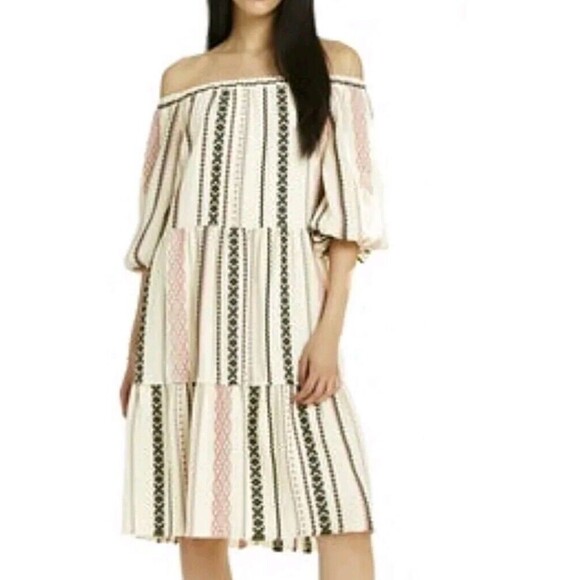 Boho Hippie Tiered Midi Dress Size Small Off Cold Shoulder Puff Sleeves Comfort - Picture 9 of 9